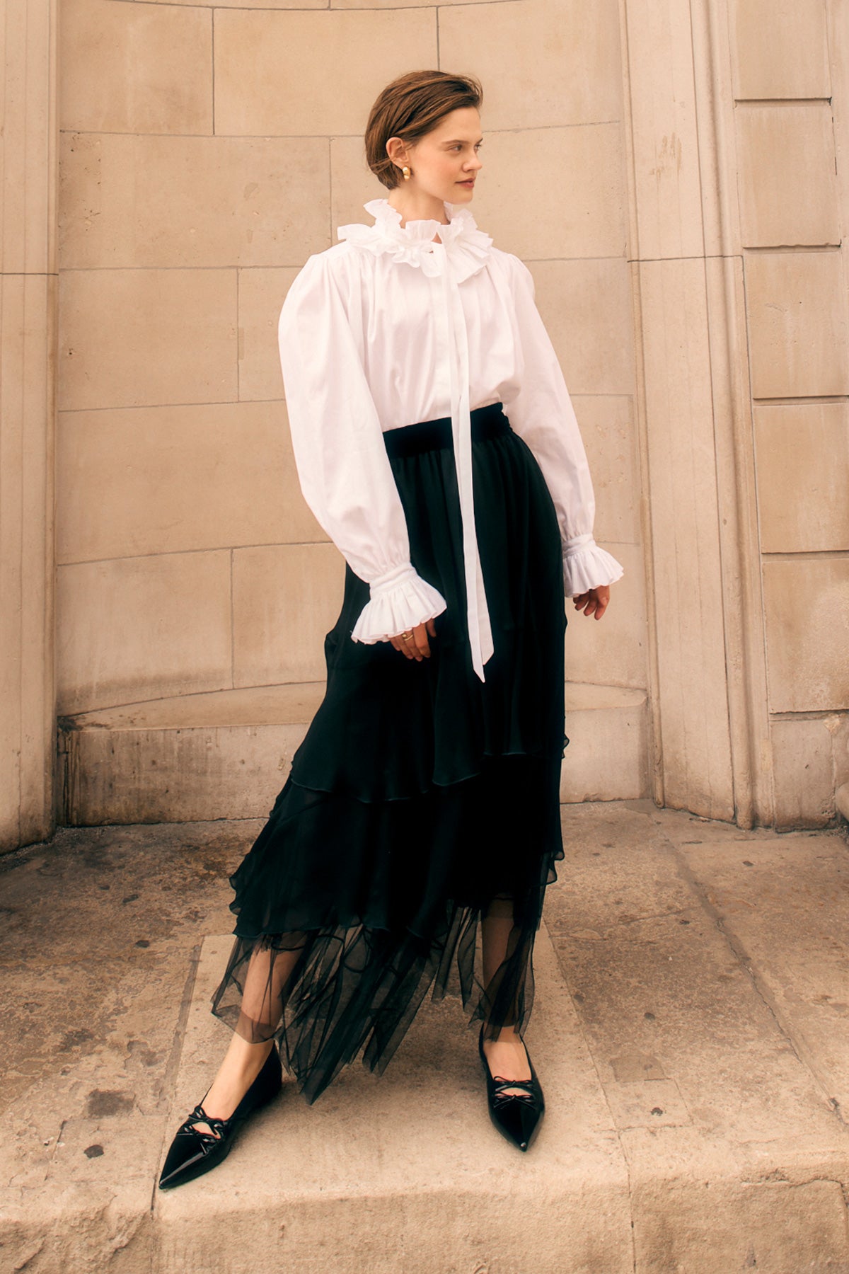 RUFFLED WHITE POPLIN SHIRT