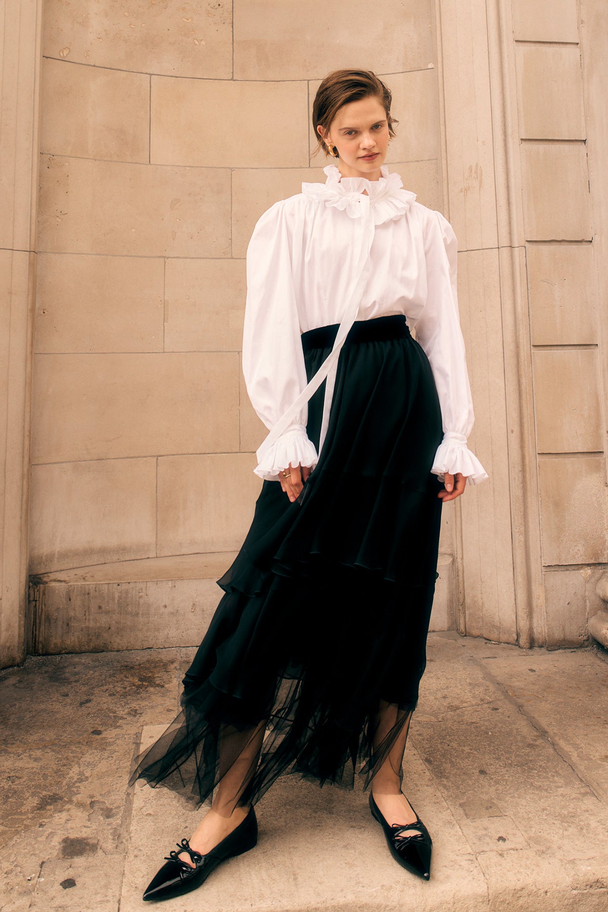 RUFFLED WHITE POPLIN SHIRT