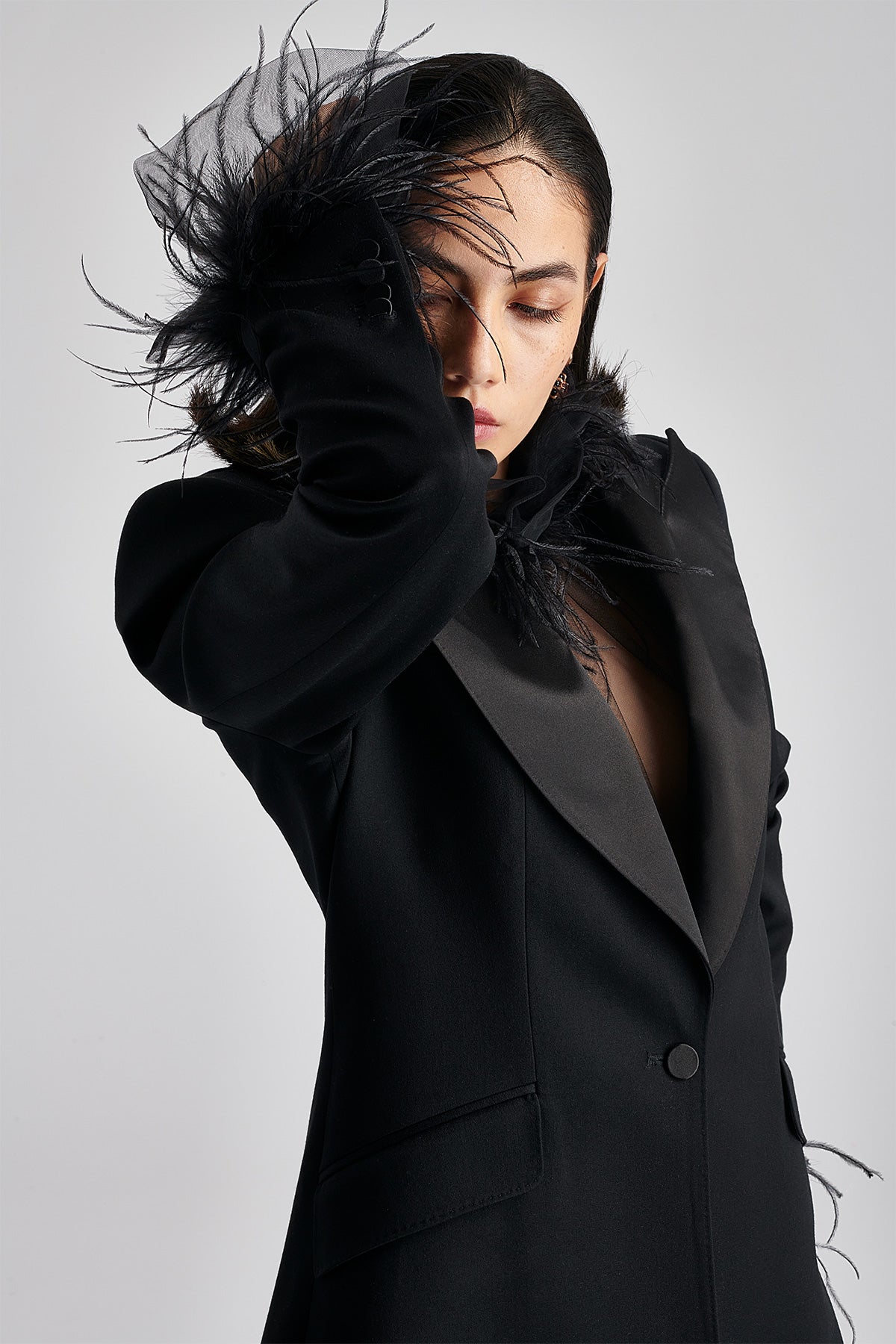 SIGNATURE SHEER TULLE BLOUSE OSTRICH FEATHERS TRIMMED