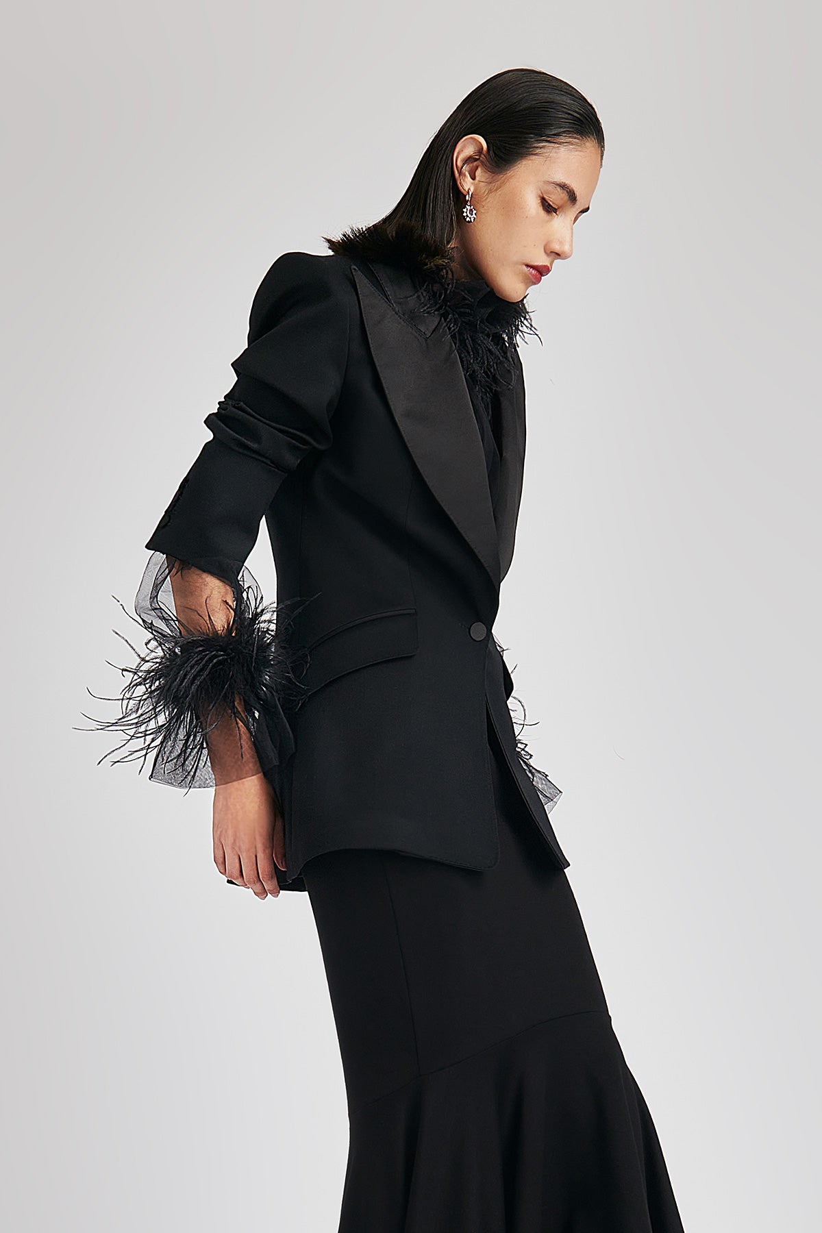 SIGNATURE SHEER TULLE BLOUSE OSTRICH FEATHERS TRIMMED