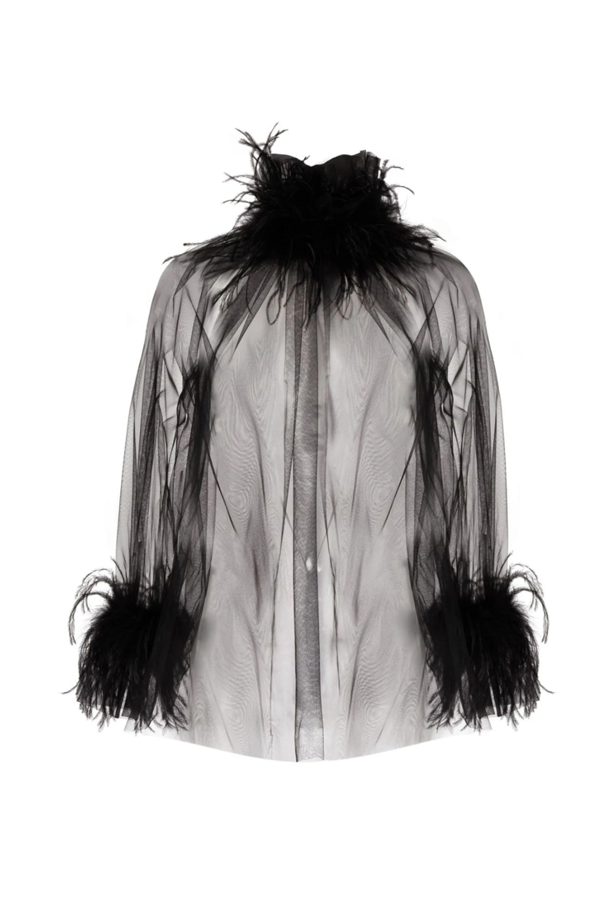 SIGNATURE SHEER TULLE BLOUSE OSTRICH FEATHERS TRIMMED