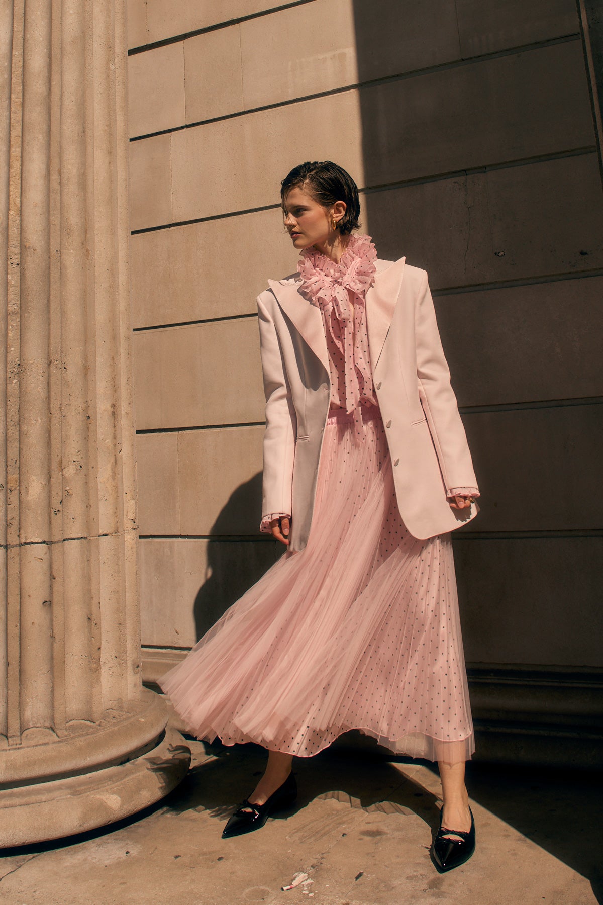 PLEATED TULLE SKIRT IN CRYSTAL PINK WITH POLKA DOTS