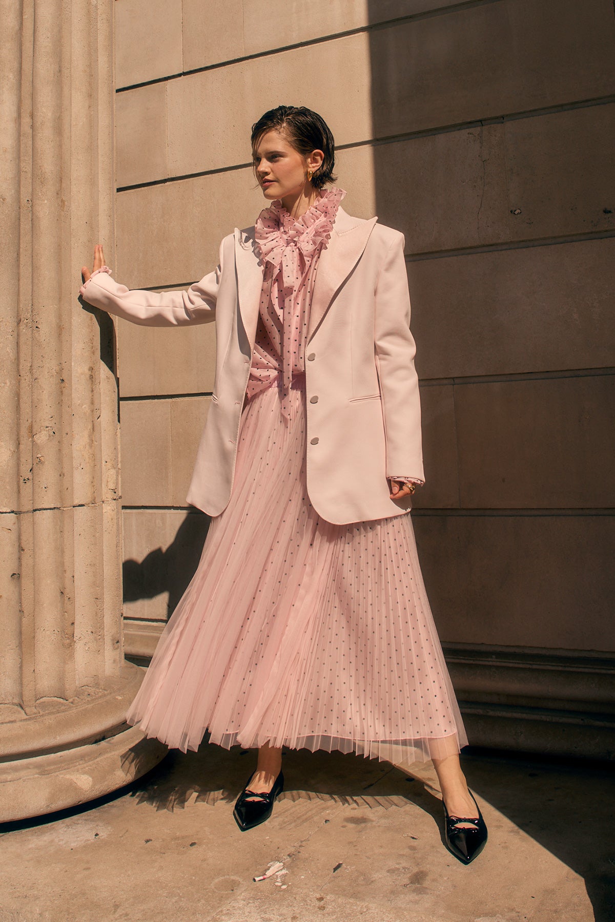 PLEATED TULLE SKIRT IN CRYSTAL PINK WITH POLKA DOTS