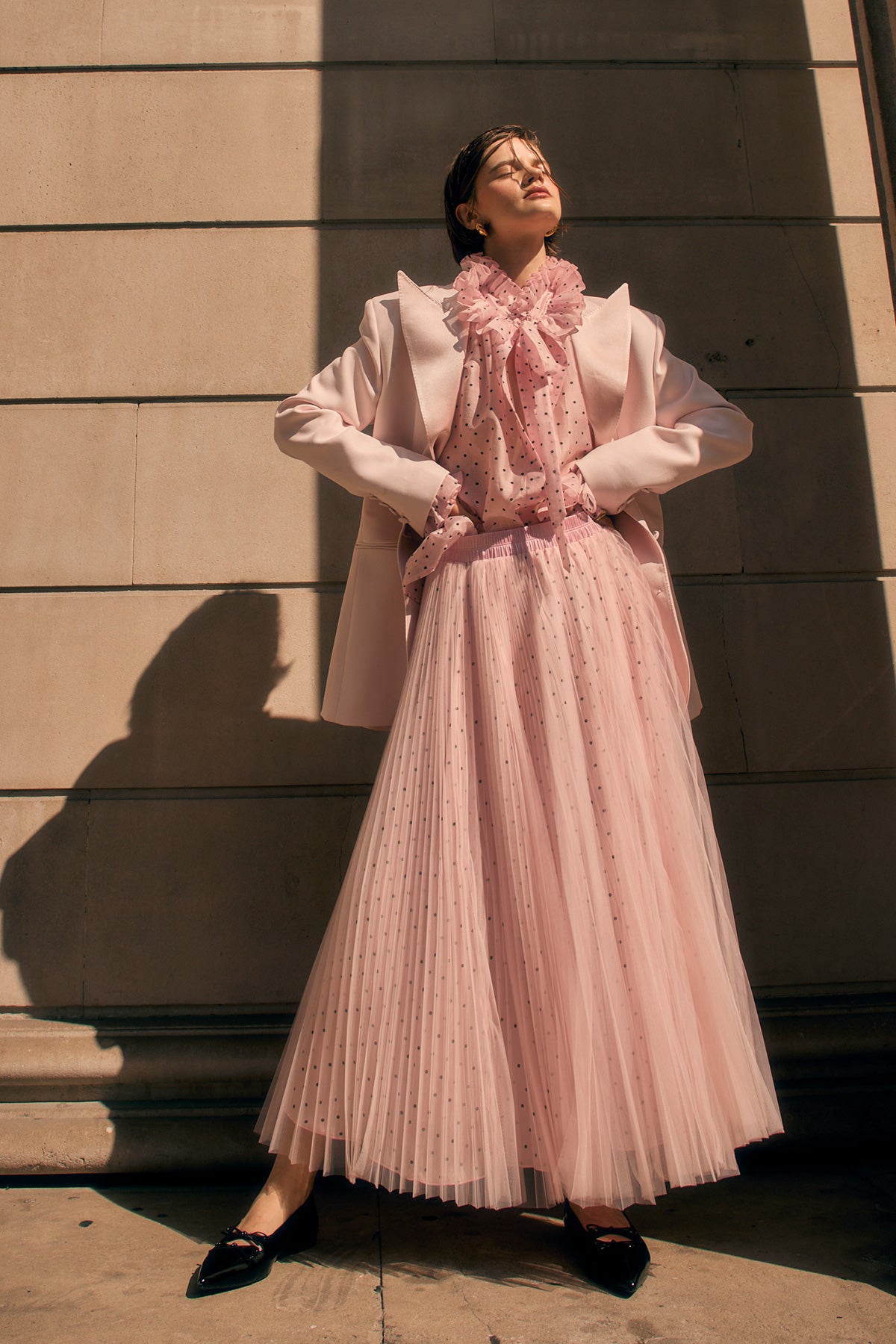 PLEATED TULLE SKIRT IN CRYSTAL PINK WITH POLKA DOTS