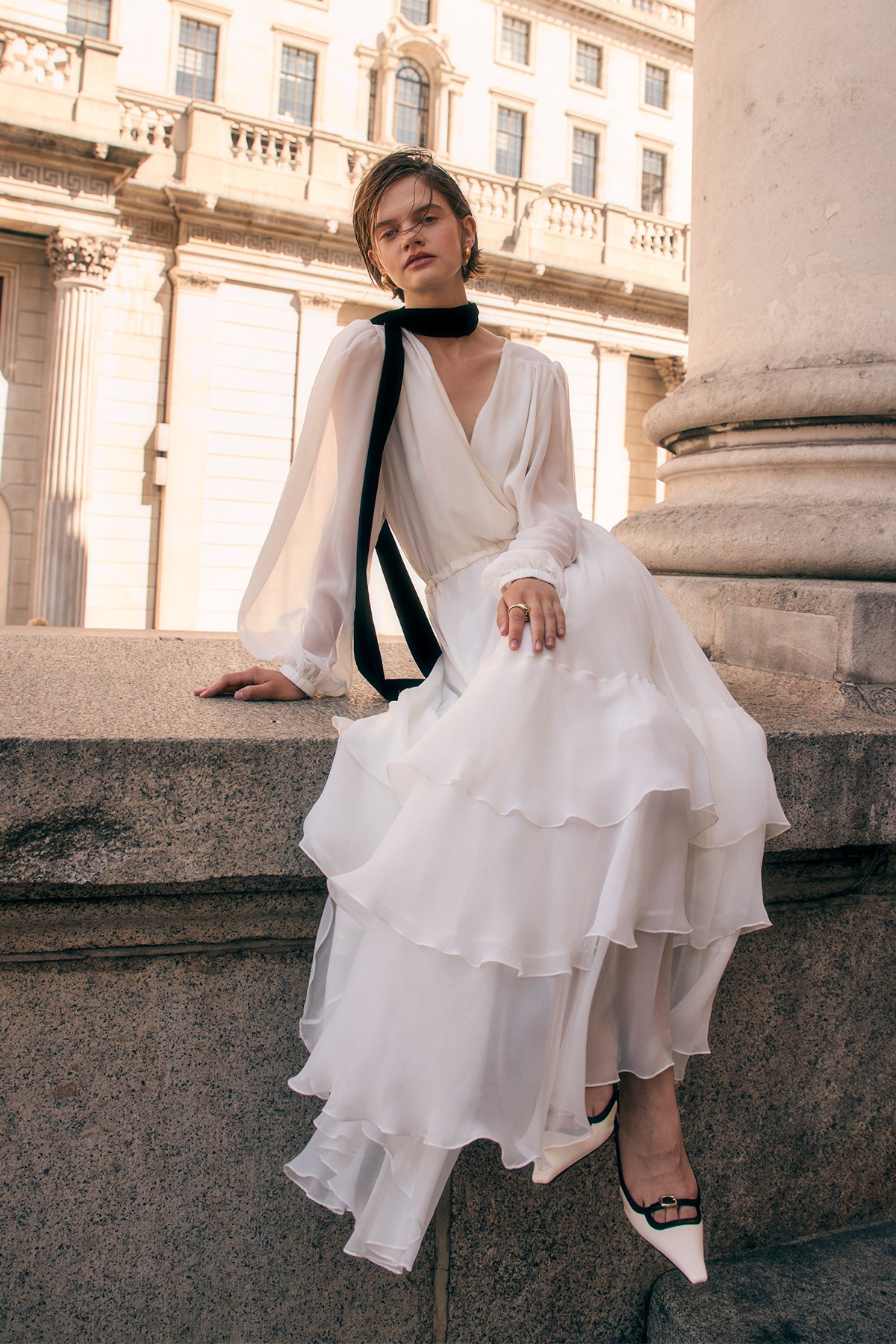 THE PLUNGING-NECK SILK CHIFFON GOWN IN WHITE