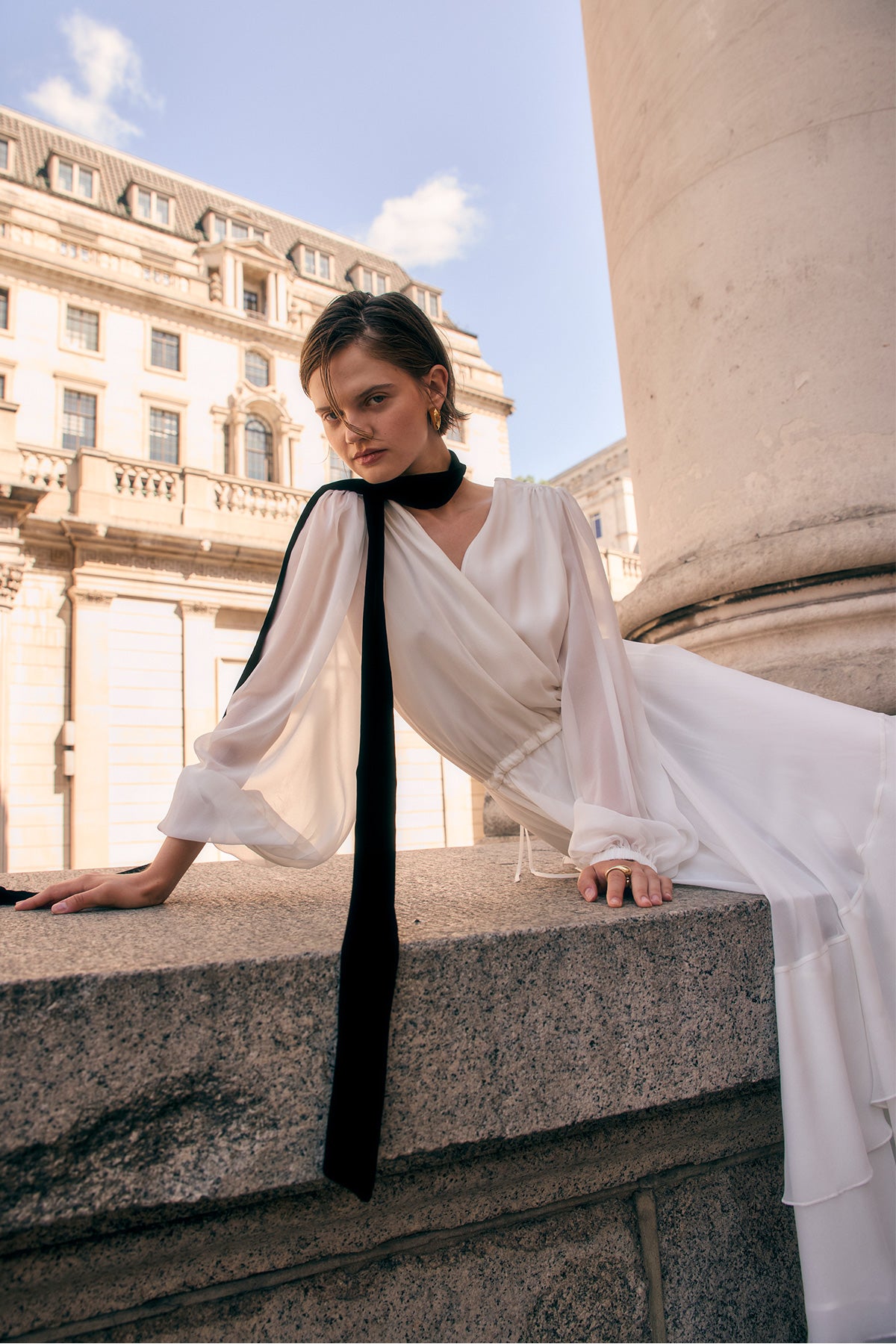 THE PLUNGING-NECK SILK CHIFFON GOWN IN WHITE